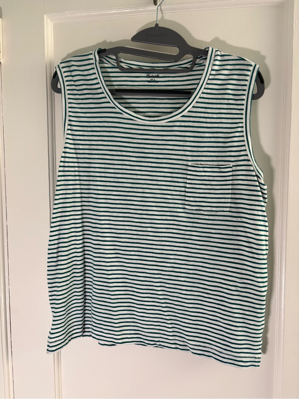 Madewell Green & White Striped Tank with Chest Pocket